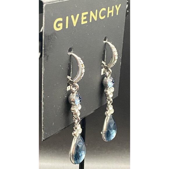 NWT Givenchy Silver Tone Blue Teardrop Crystal Dangle/Drop Earrings 2" MSRP $48 - Picture 3 of 8